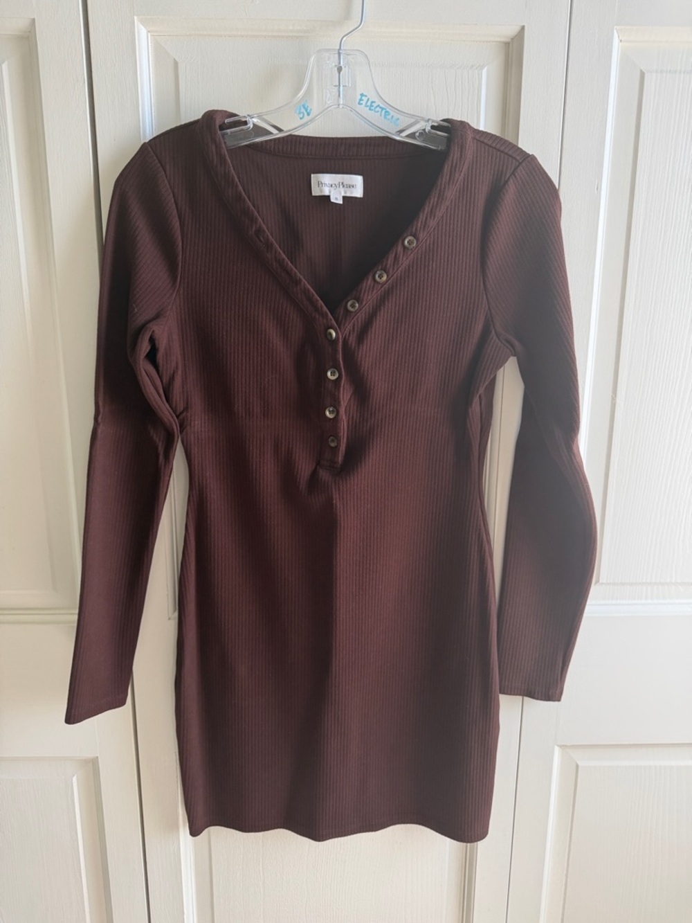 Privacy Please Long Sleeve Ribbed Henley Dress in Dark Brown